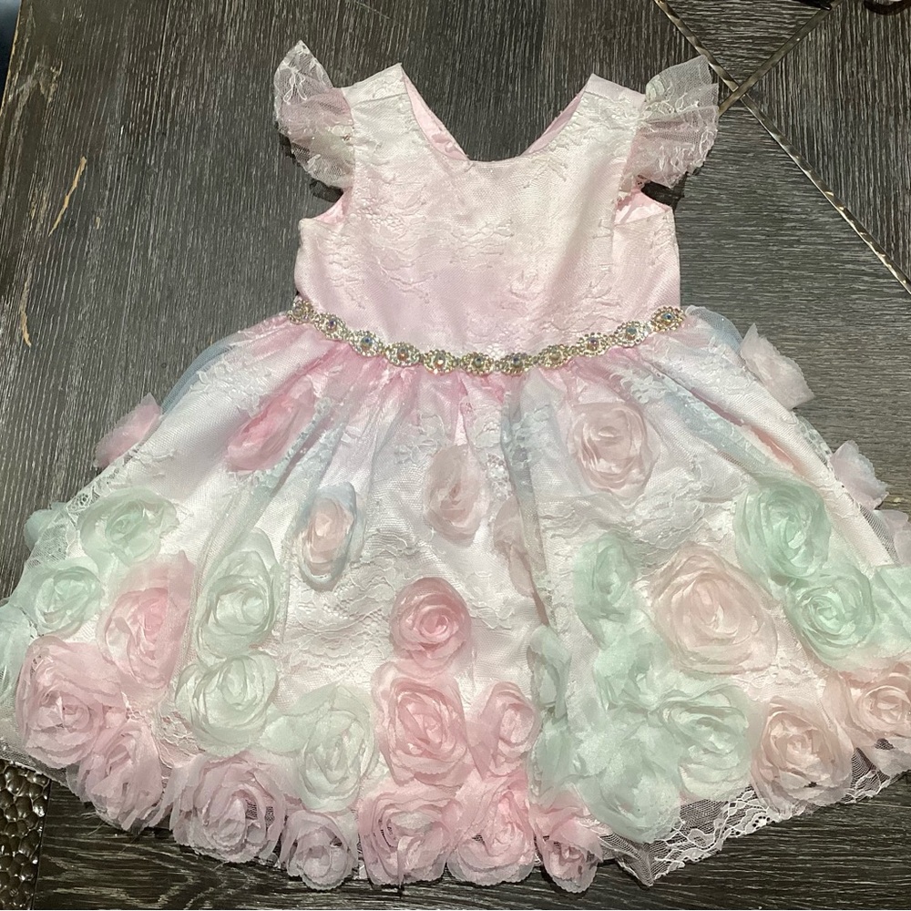 Pink Floral Lace Party Dress with jeweled waist